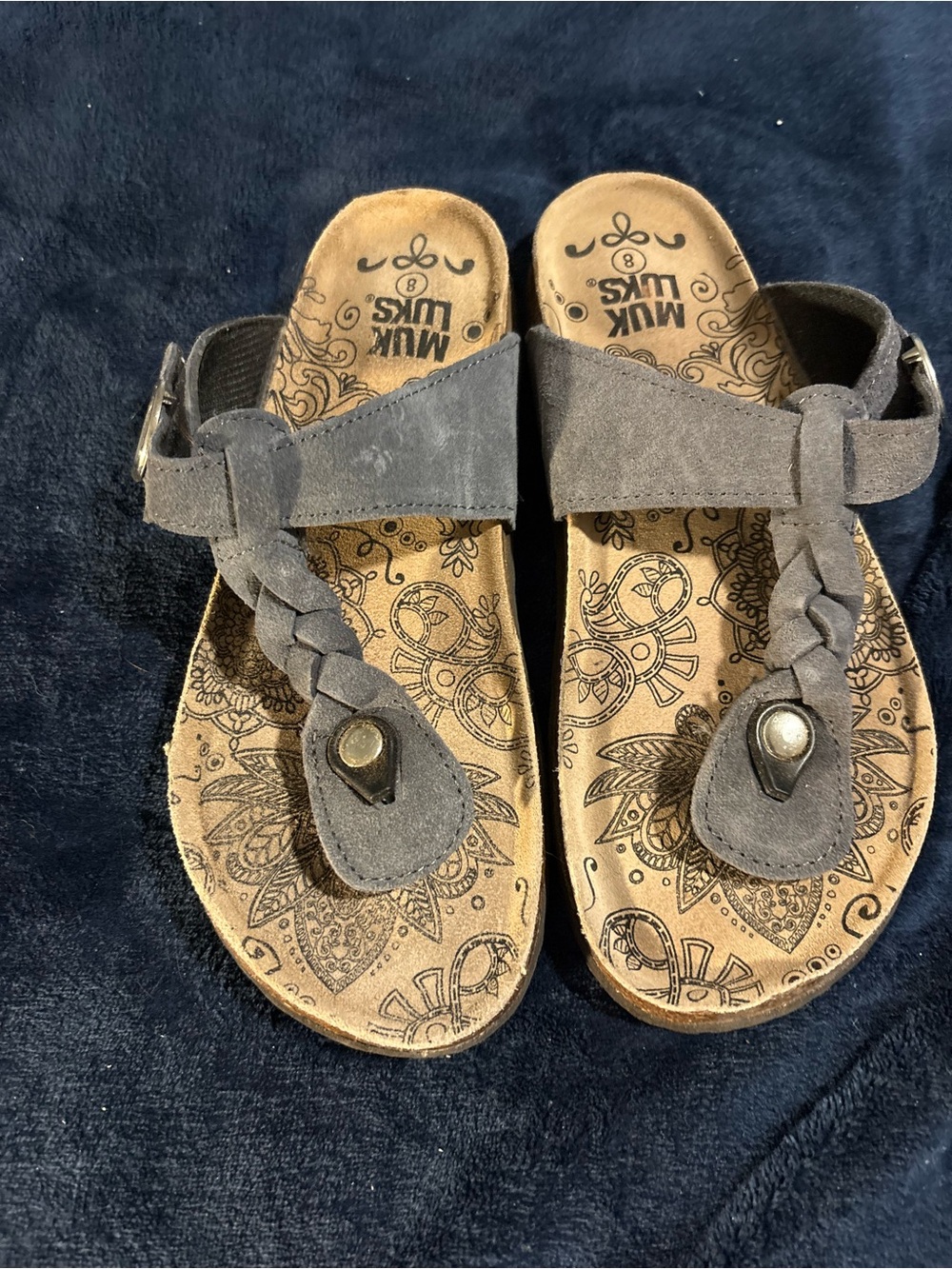Muk Luks Gray Braided Suede Thong Sandals with Buckle Strap